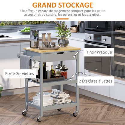 Rolling Kitchen Cart with Hevea Wood Worktop - 2 Shelves, 1 Drawer, and 1 Towel Holder