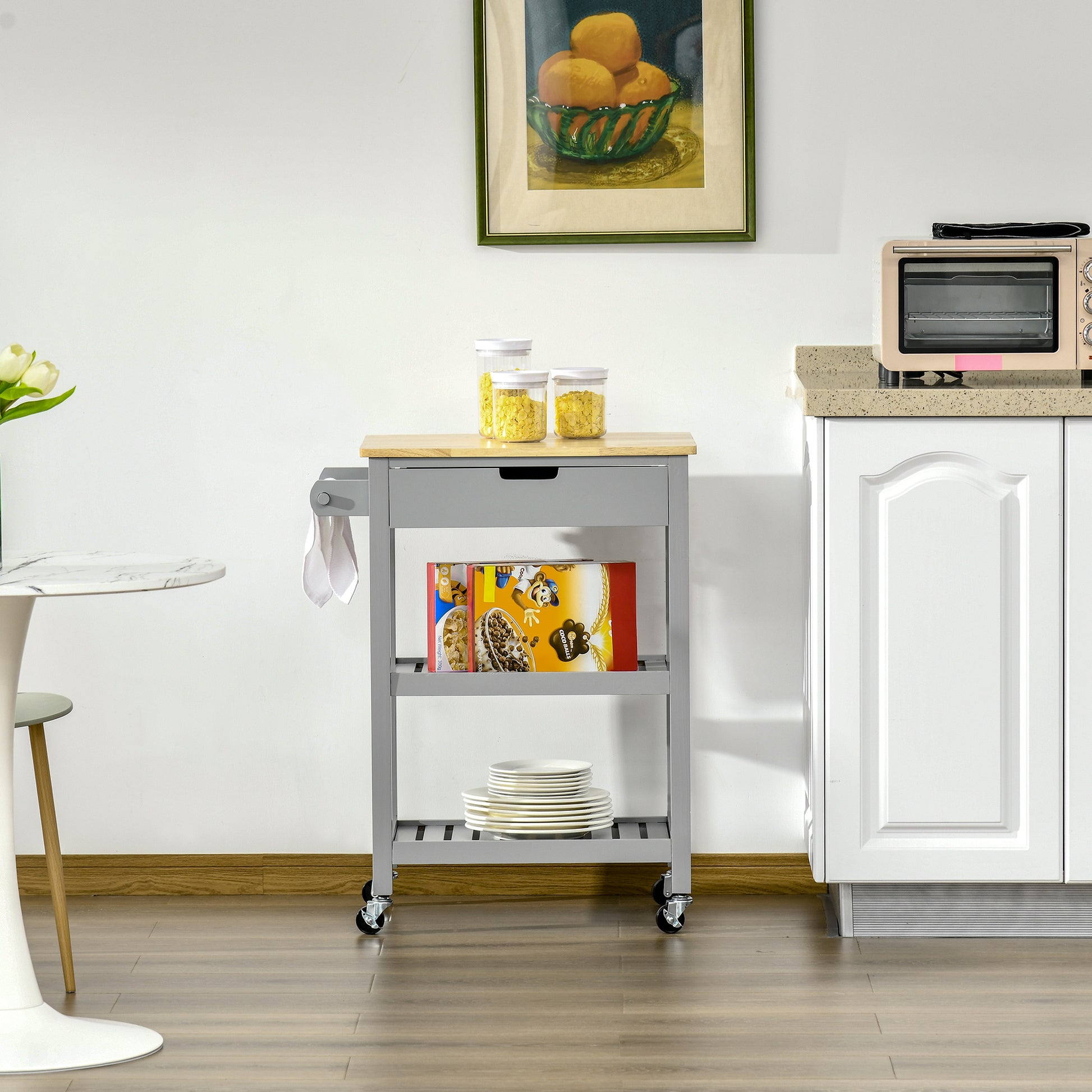 Rolling Kitchen Cart with Hevea Wood Worktop - 2 Shelves, 1 Drawer, and 1 Towel Holder