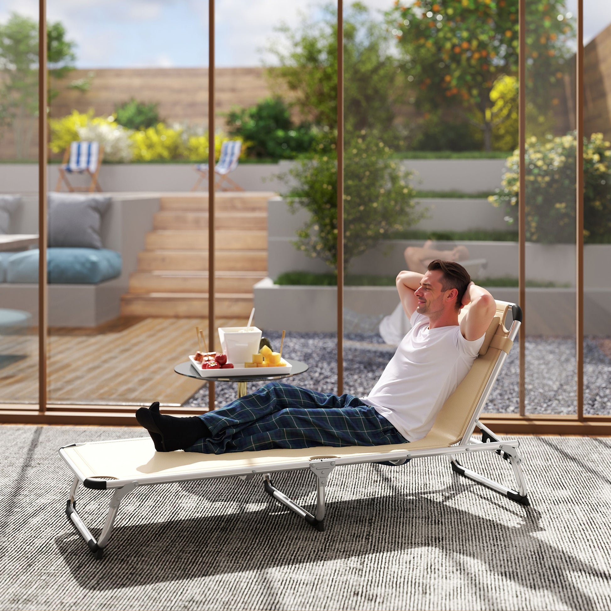 Folding Sun Lounger Garden Lounger with Headrest Ergonomic Recliner with 4-position Adjustable Backrest Aluminum up to 120 kg Load Capacity for Garden, Terrace, Pool, Beach, Beige