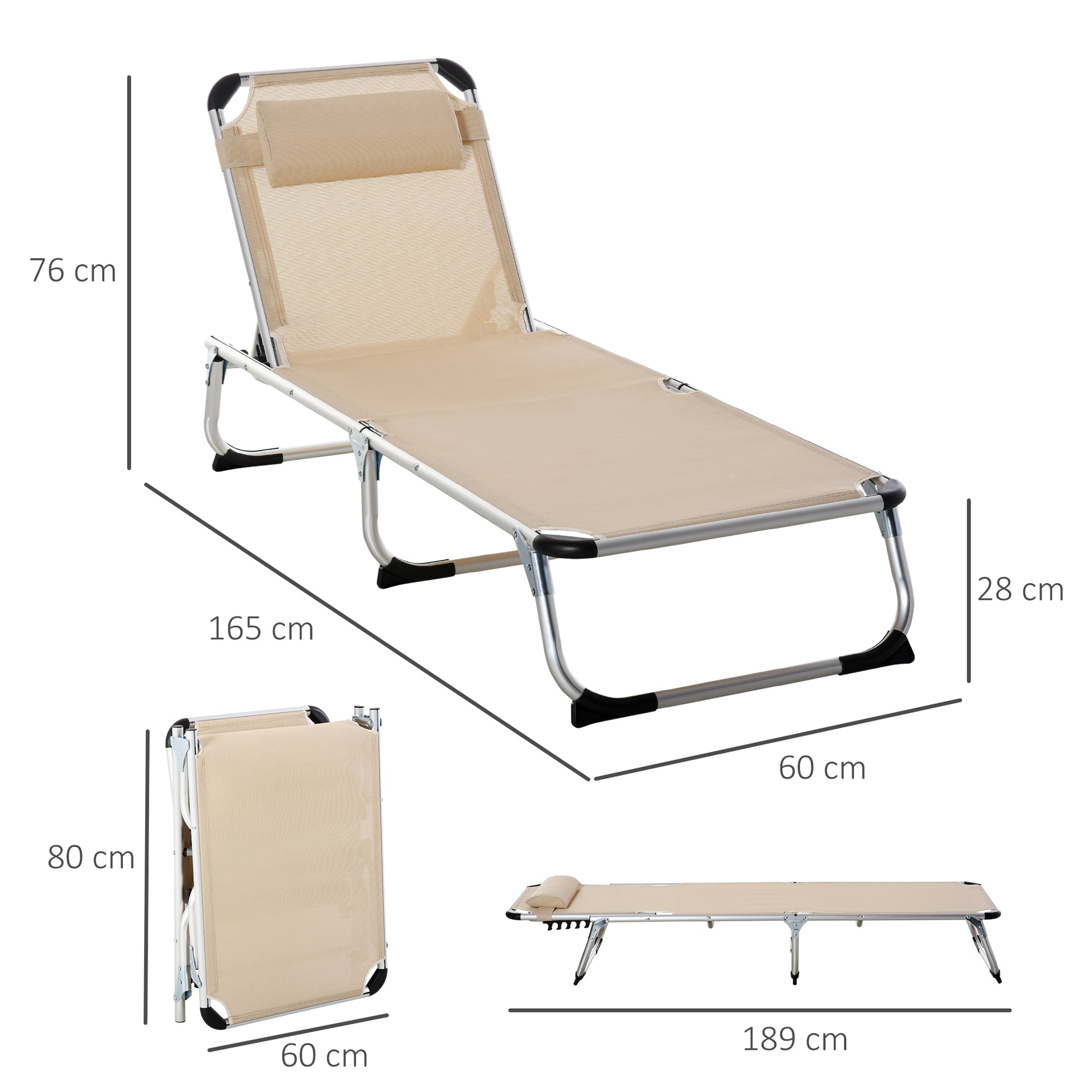 Folding Sun Lounger Garden Lounger with Headrest Ergonomic Recliner with 4-position Adjustable Backrest Aluminum up to 120 kg Load Capacity for Garden, Terrace, Pool, Beach, Beige