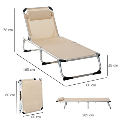 Folding Sun Lounger Garden Lounger with Headrest Ergonomic Recliner with 4-position Adjustable Backrest Aluminum up to 120 kg Load Capacity for Garden, Terrace, Pool, Beach, Beige