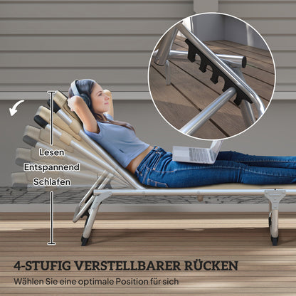 Folding Sun Lounger Garden Lounger with Headrest Ergonomic Recliner with 4-position Adjustable Backrest Aluminum up to 120 kg Load Capacity for Garden, Terrace, Pool, Beach, Beige