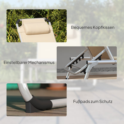 Folding Sun Lounger Garden Lounger with Headrest Ergonomic Recliner with 4-position Adjustable Backrest Aluminum up to 120 kg Load Capacity for Garden, Terrace, Pool, Beach, Beige