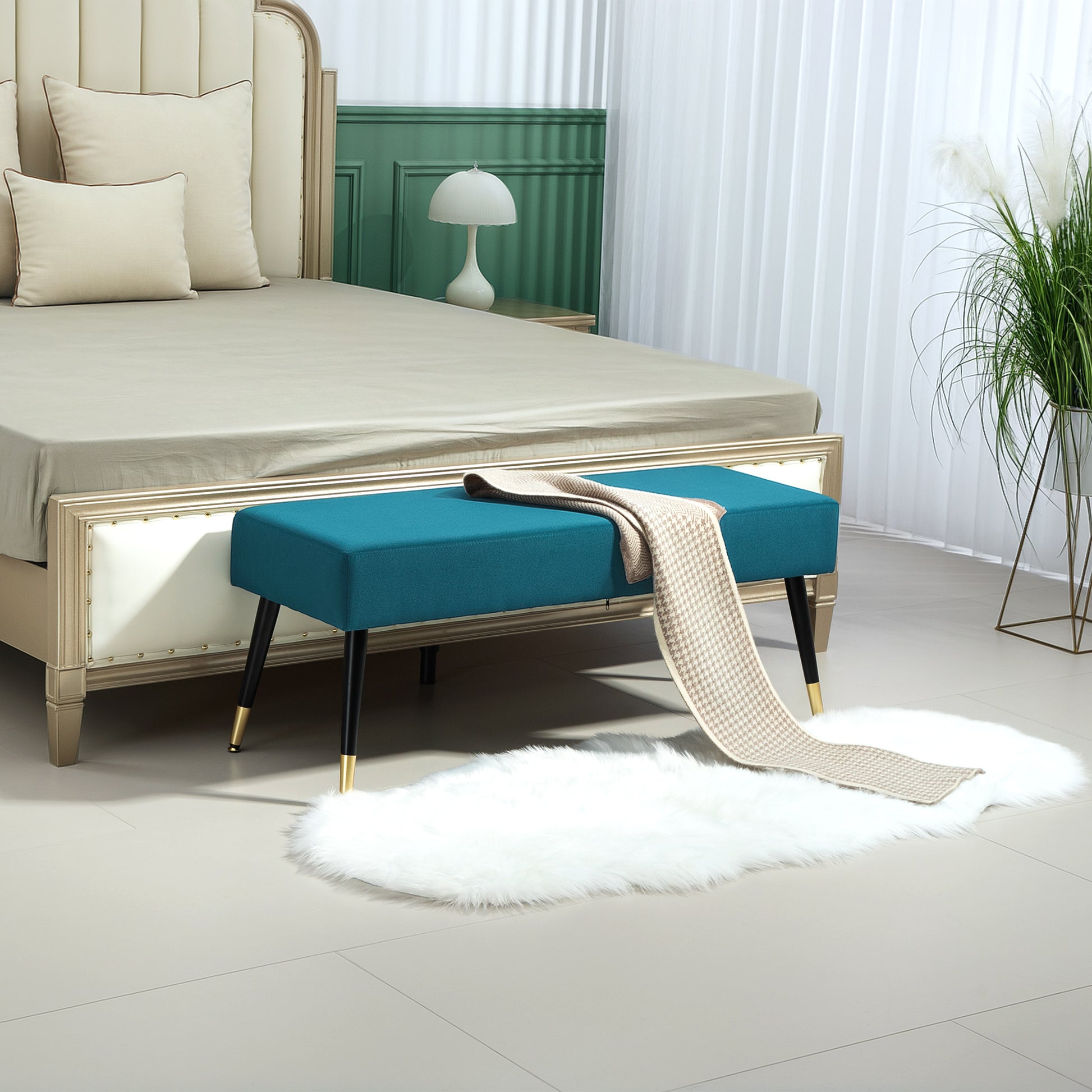 Padded velvet end of bed bench with metal legs, for bedroom dining room living room hallway, 109.5 x 39.5 x 45.5 cm, green