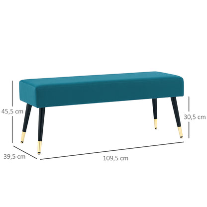Padded velvet end of bed bench with metal legs, for bedroom dining room living room hallway, 109.5 x 39.5 x 45.5 cm, green
