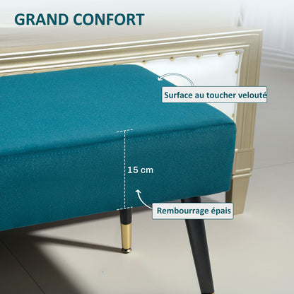Padded velvet end of bed bench with metal legs, for bedroom dining room living room hallway, 109.5 x 39.5 x 45.5 cm, green