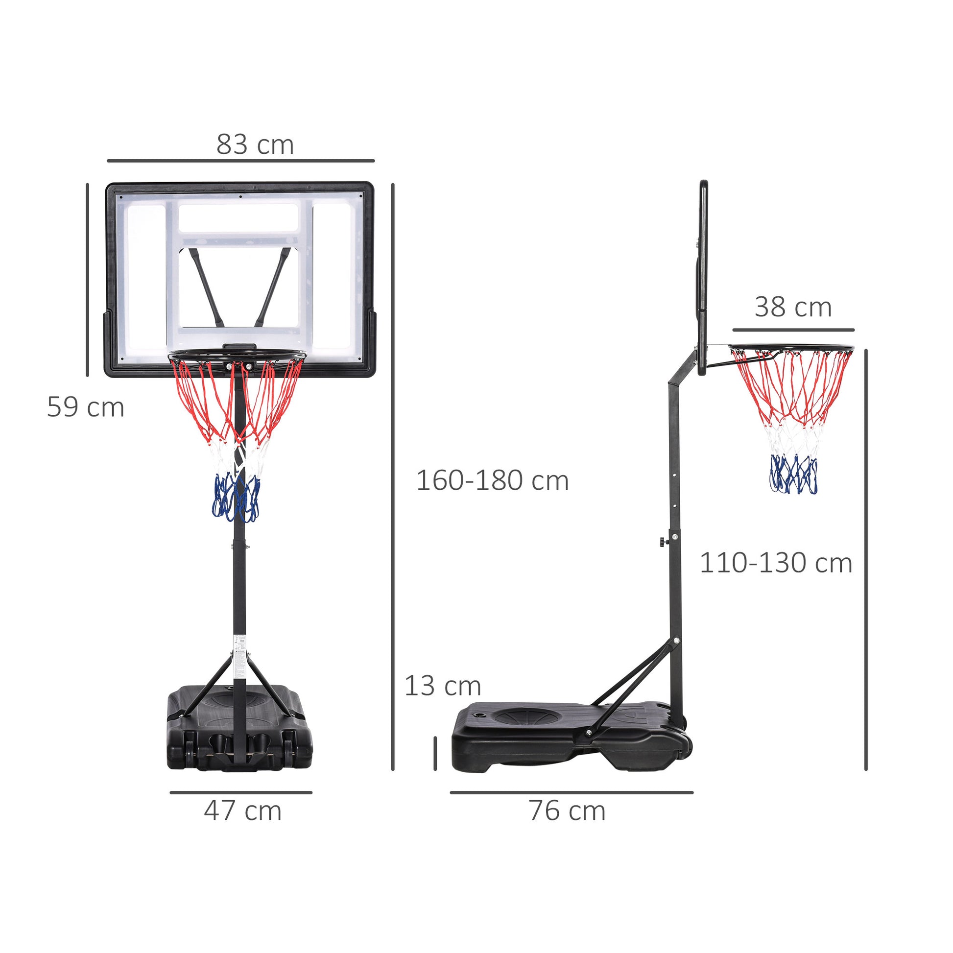 Outdoor Basketball Hoop for Pool Edge Post Panel, Wheeled Weighting Base Adjustable Hoop Height 1.1-1.3m Black White
