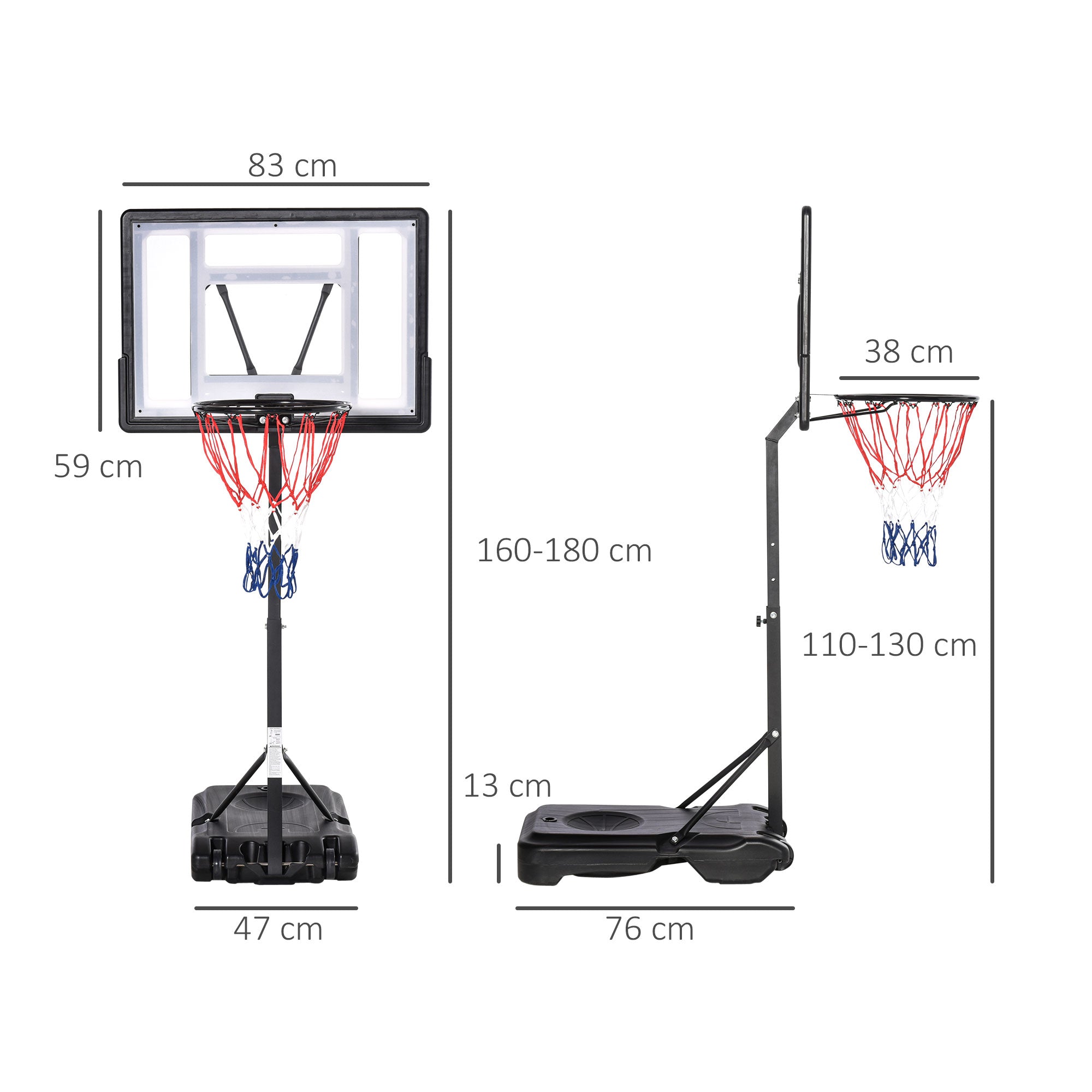 Outdoor Basketball Hoop for Pool Edge Post Panel, Wheeled Weighting Base Adjustable Hoop Height 1.1-1.3m Black White