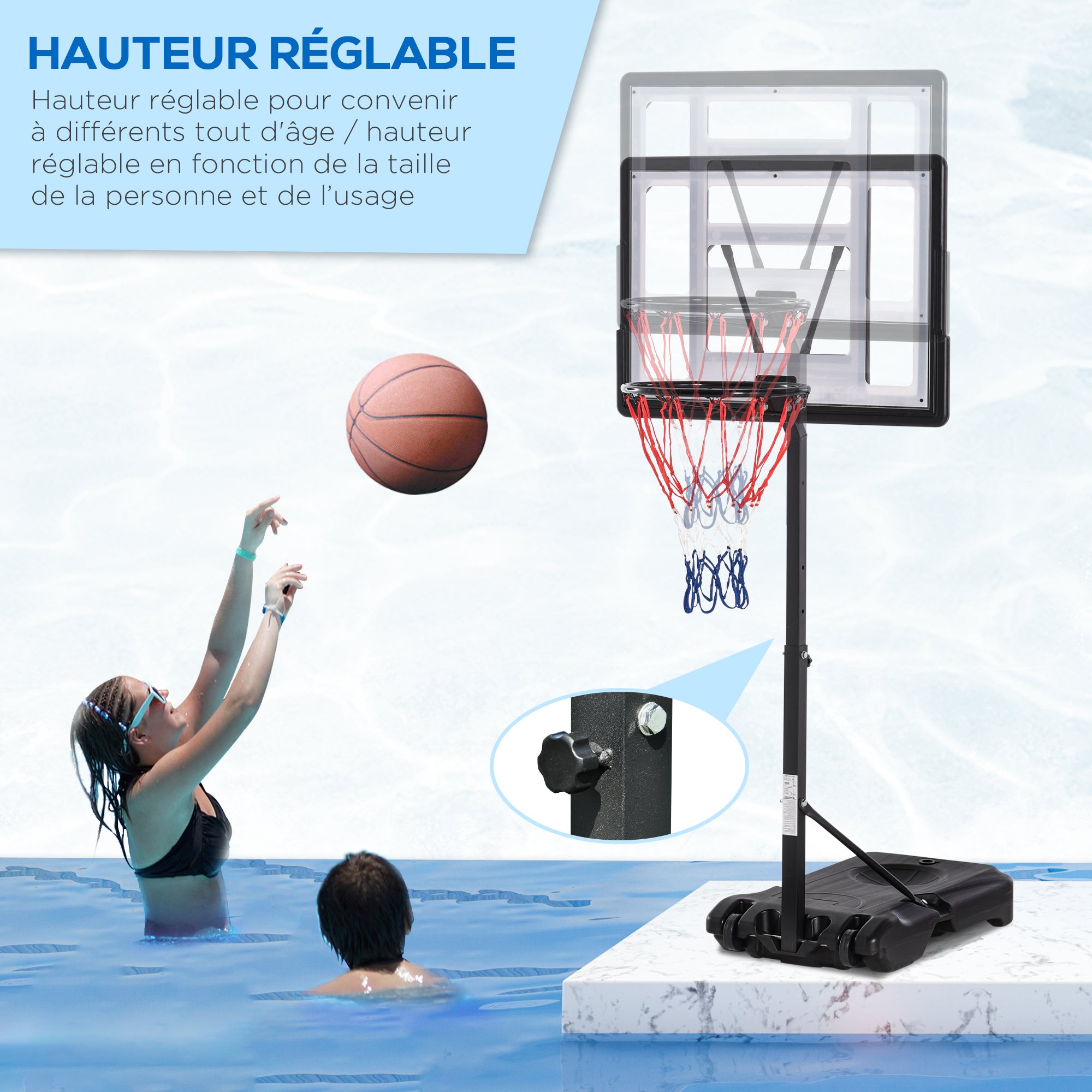 Outdoor Basketball Hoop for Pool Edge Post Panel, Wheeled Weighting Base Adjustable Hoop Height 1.1-1.3m Black White