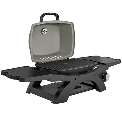 3.3 kW Portable Tabletop Gas Grill — 1 Burner, Foldable Side Shelves, Cast-Iron Grates, Removable Drip Tray & Thermometer — Patio & Balcony BBQ