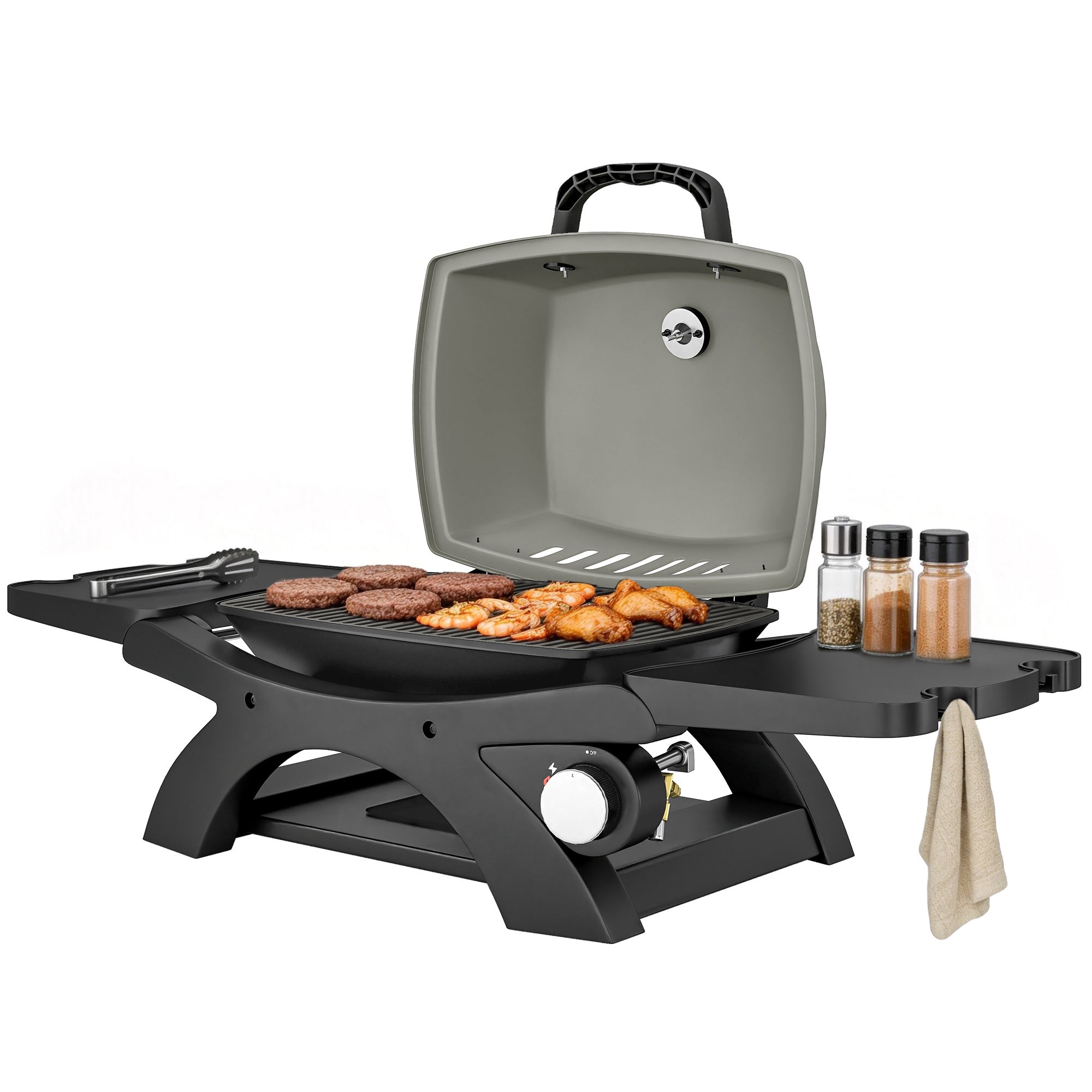 3.3 kW Portable Tabletop Gas Grill — 1 Burner, Foldable Side Shelves, Cast-Iron Grates, Removable Drip Tray & Thermometer — Patio & Balcony BBQ