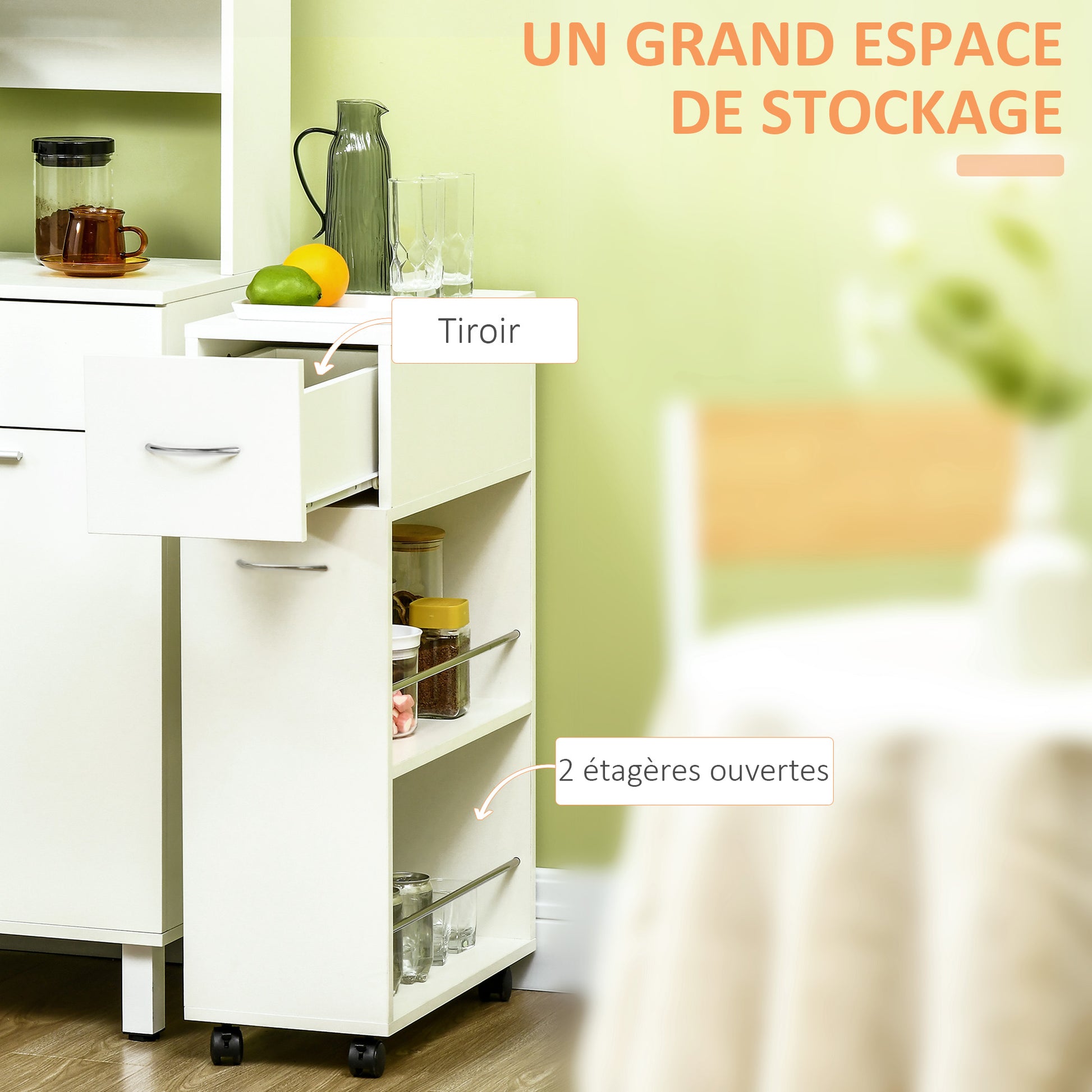 Kitchen Trolley Cart on Wheels with 1 Drawer and 2 Open Shelves for Dining Room Living Room Bathroom 25 x 50 x 85 cm White