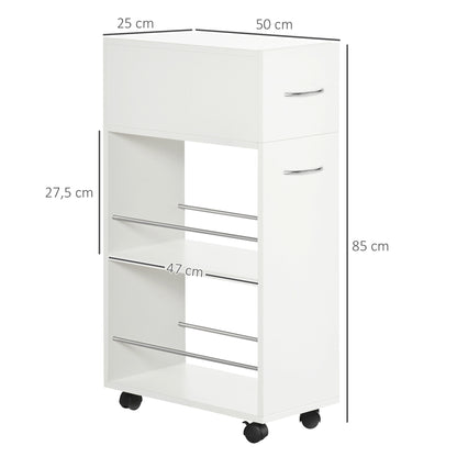 Kitchen Trolley Cart on Wheels with 1 Drawer and 2 Open Shelves for Dining Room Living Room Bathroom 25 x 50 x 85 cm White