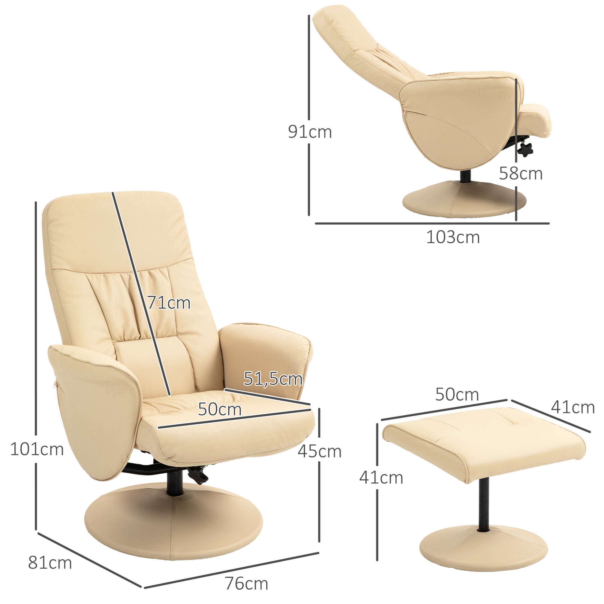 Relaxation Chair with Footrest Swivel Relaxation Chair 360° and Reclining Back for TV Supporting up to 120 Kg Synthetic Cover Beige Metal