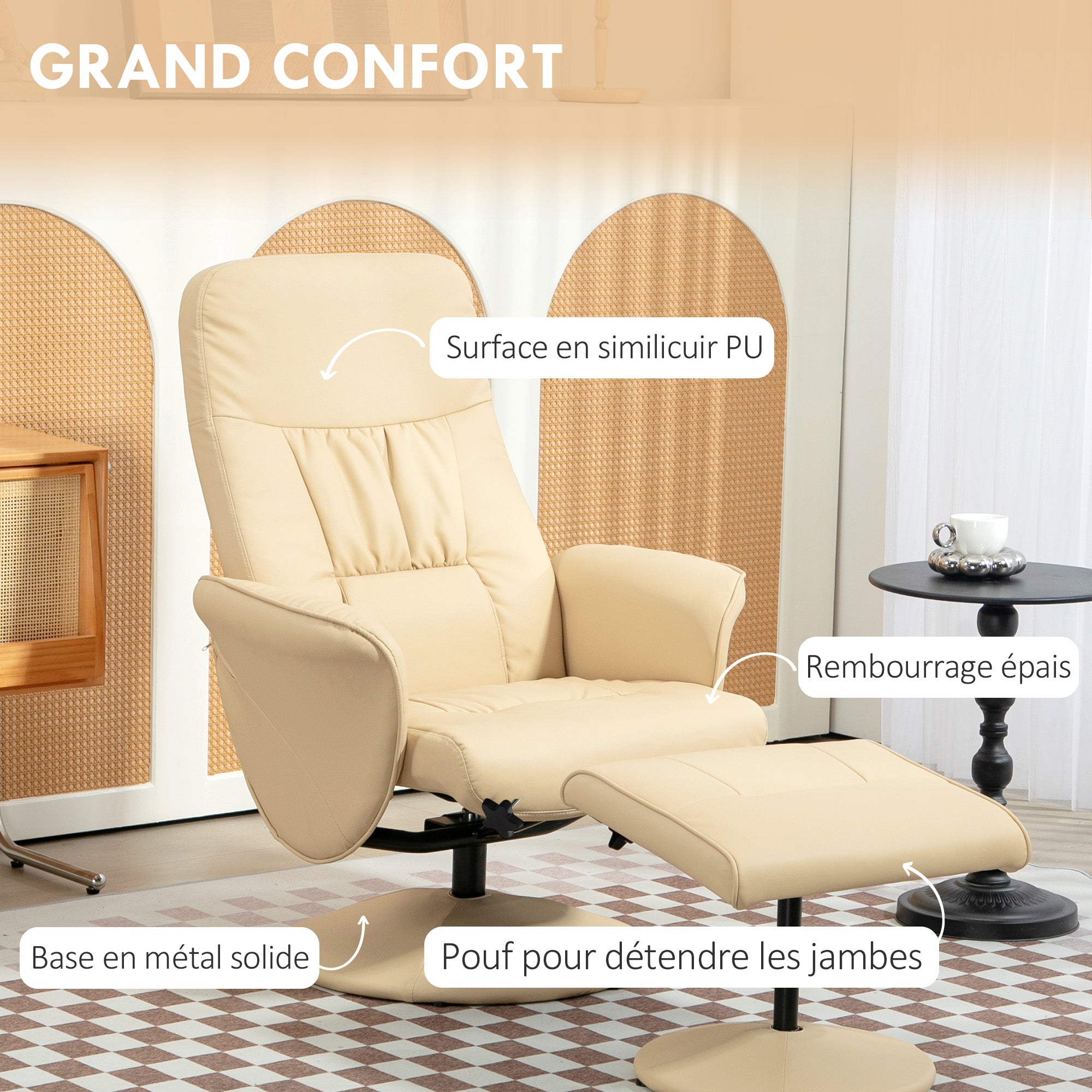Relaxation Chair with Footrest Swivel Relaxation Chair 360° and Reclining Back for TV Supporting up to 120 Kg Synthetic Cover Beige Metal