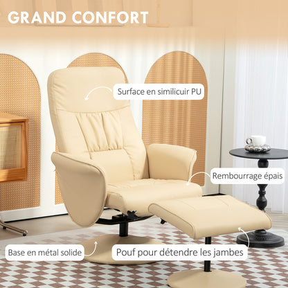 Relaxation Chair with Footrest Swivel Relaxation Chair 360° and Reclining Back for TV Supporting up to 120 Kg Synthetic Cover Beige Metal