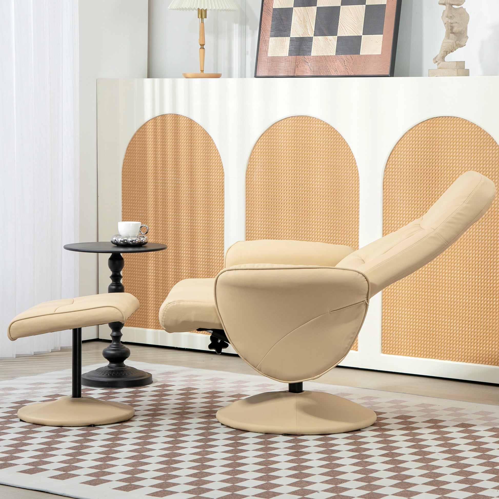 Relaxation Chair with Footrest Swivel Relaxation Chair 360° and Reclining Back for TV Supporting up to 120 Kg Synthetic Cover Beige Metal