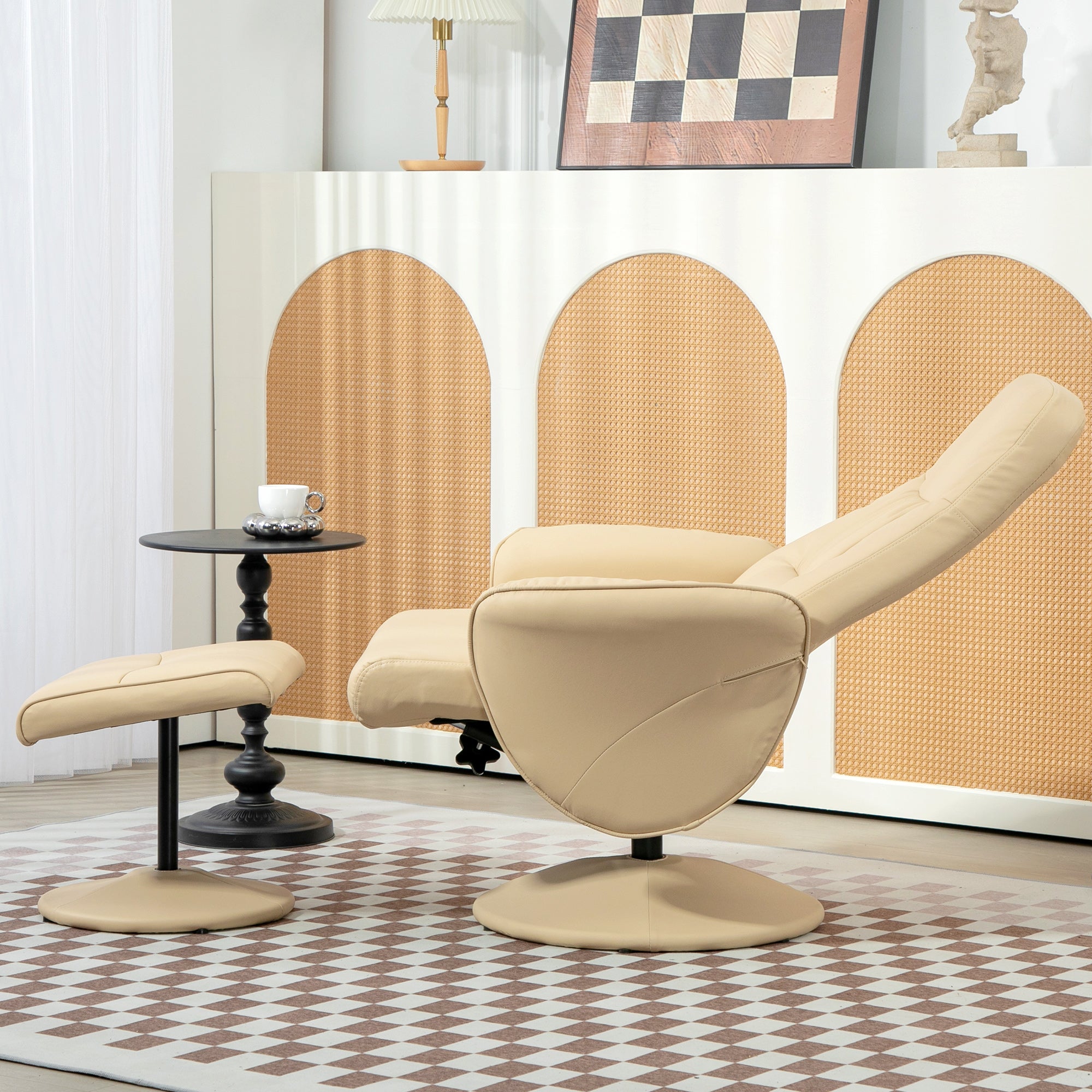 Relaxation Chair with Footrest Swivel Relaxation Chair 360° and Reclining Back for TV Supporting up to 120 Kg Synthetic Cover Beige Metal