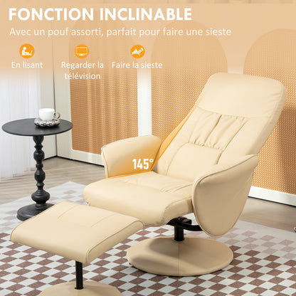 Relaxation Chair with Footrest Swivel Relaxation Chair 360° and Reclining Back for TV Supporting up to 120 Kg Synthetic Cover Beige Metal
