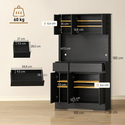 Kitchen Pantry Cabinet with Worktop, 6 Doors, Adjustable Shelves & Microwave Shelf, Cable Management — Black (39.4 x 15.0 x 70.9 in)