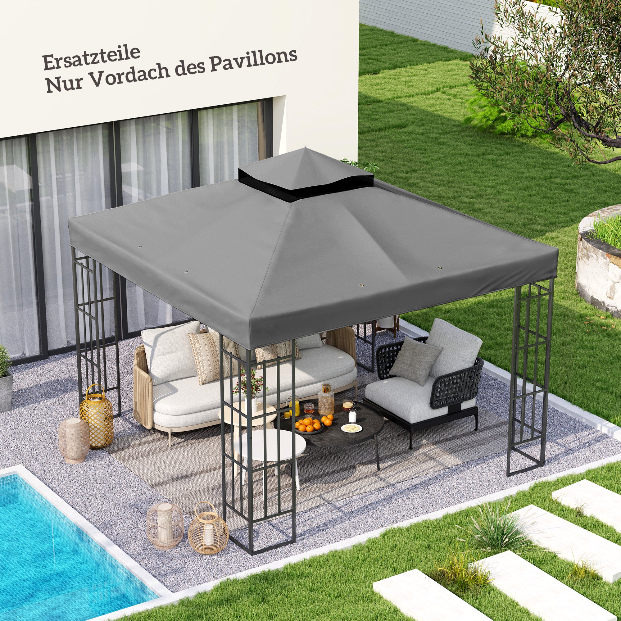 Replacement Canopy for Gazebo 3 x 3 m, Waterproof Gazebo Roof, Double Roof Replacement Cover for Garden Gazebo, Oxford Fabric Parts, 370 g/m², Dark Gray