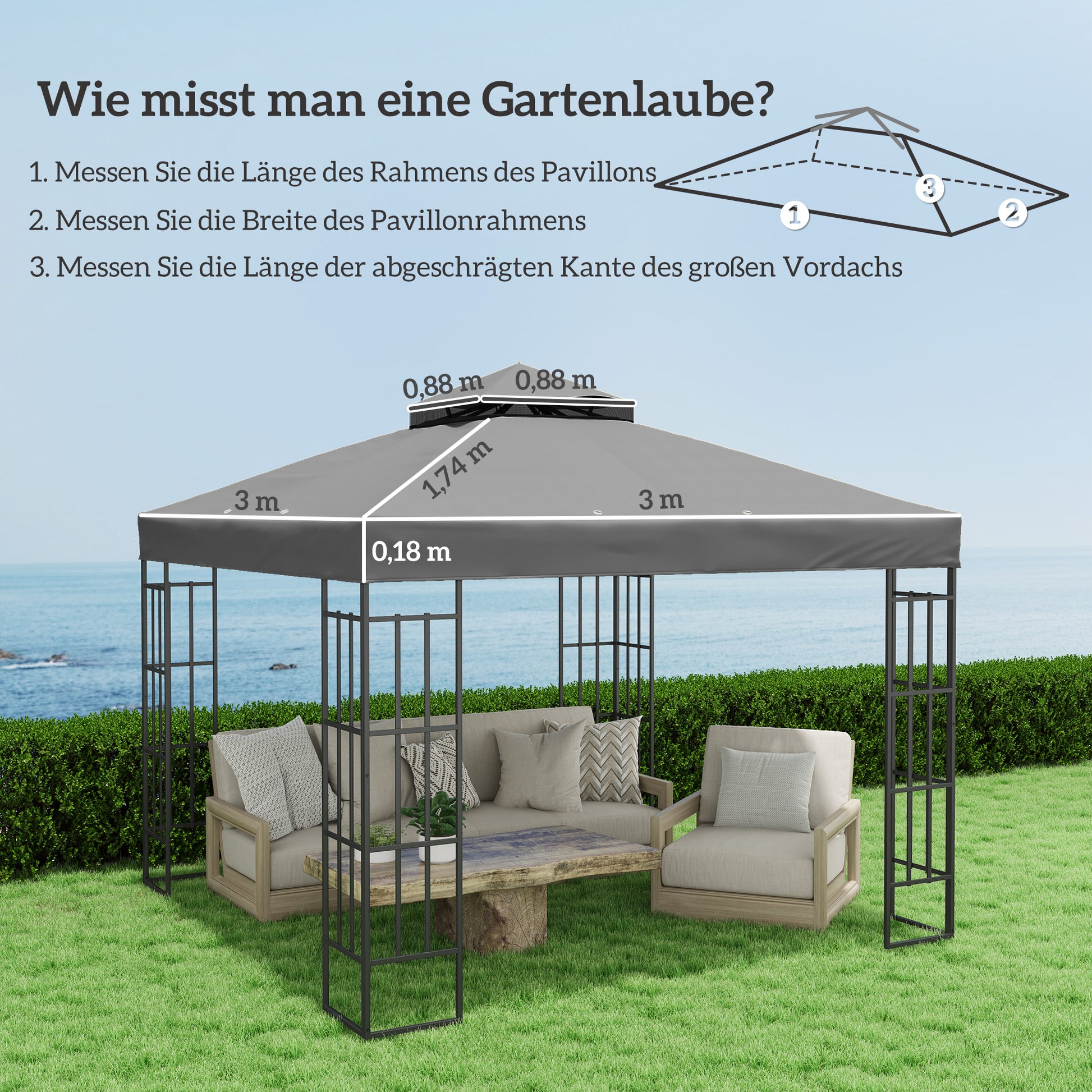 Replacement Canopy for Gazebo 3 x 3 m, Waterproof Gazebo Roof, Double Roof Replacement Cover for Garden Gazebo, Oxford Fabric Parts, 370 g/m², Dark Gray