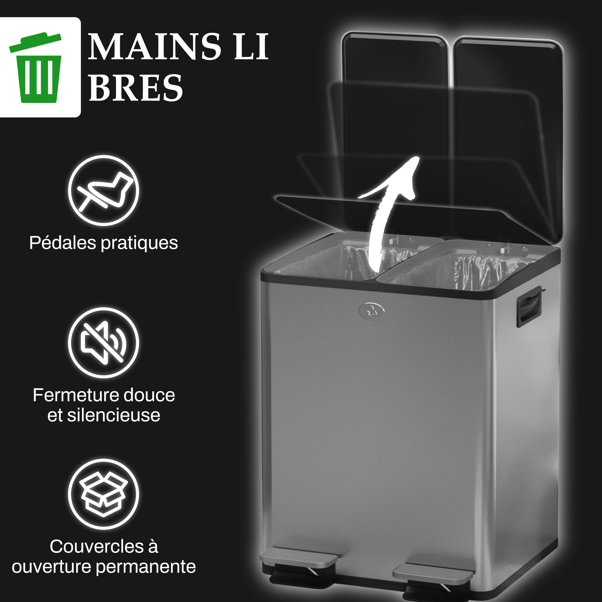 Double Compartment Kitchen Trash Can, 2 x 20L, Stainless Steel Pedal Trash Can, 2 Soft-Closing Lids, Removable Inner Buckets, and Fingerprint-Proof Handles 45.8x36x51.6cm