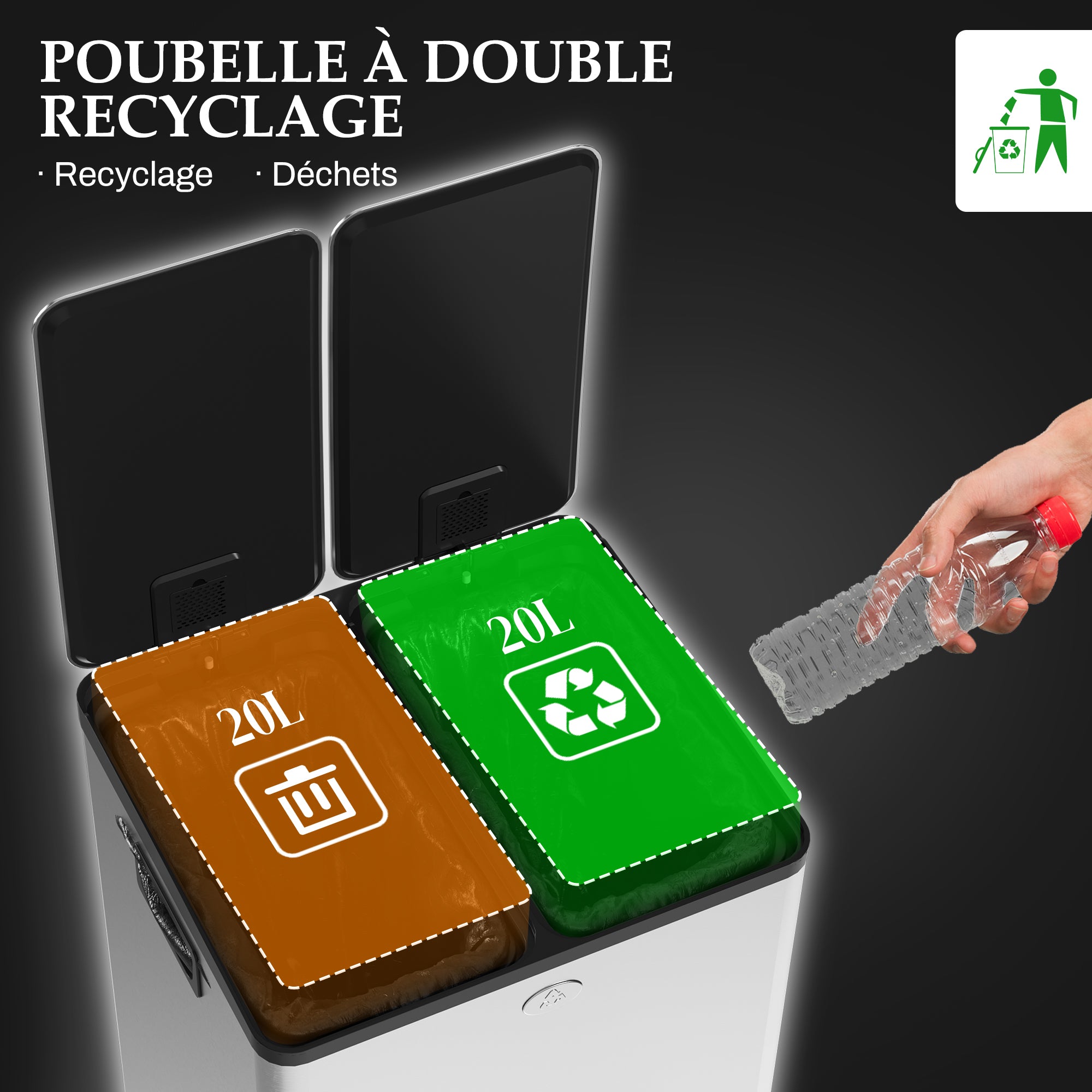 Double Compartment Kitchen Trash Can, 2 x 20L, Stainless Steel Pedal Trash Can, 2 Soft-Closing Lids, Removable Inner Buckets, and Fingerprint-Proof Handles 45.8x36x51.6cm