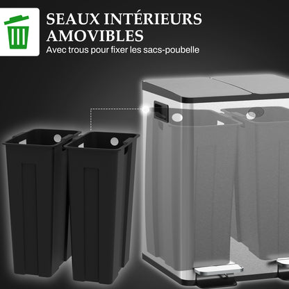 Double Compartment Kitchen Trash Can, 2 x 20L, Stainless Steel Pedal Trash Can, 2 Soft-Closing Lids, Removable Inner Buckets, and Fingerprint-Proof Handles 45.8x36x51.6cm