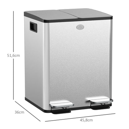 Double Compartment Kitchen Trash Can, 2 x 20L, Stainless Steel Pedal Trash Can, 2 Soft-Closing Lids, Removable Inner Buckets, and Fingerprint-Proof Handles 45.8x36x51.6cm