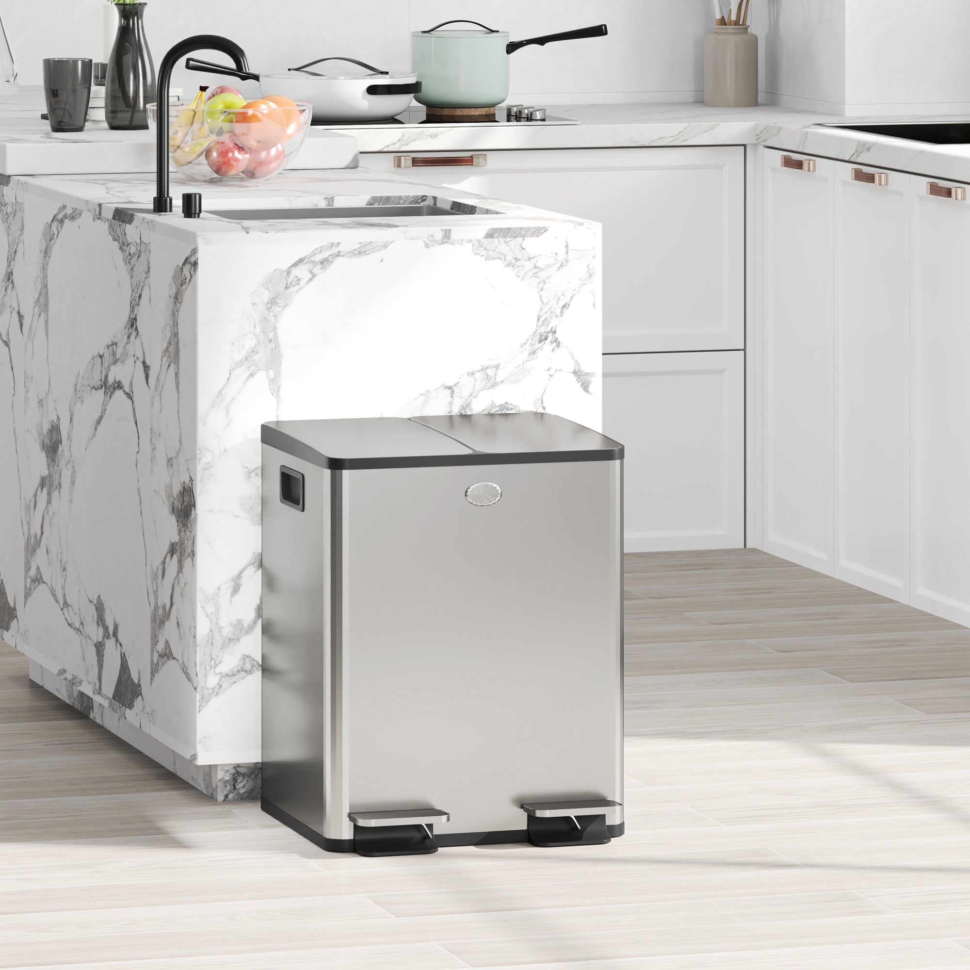 Double Compartment Kitchen Trash Can, 2 x 20L, Stainless Steel Pedal Trash Can, 2 Soft-Closing Lids, Removable Inner Buckets, and Fingerprint-Proof Handles 45.8x36x51.6cm