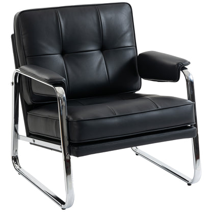 PU Leather Accent Chair — Wide Seat, Thick Foam, Metal Base, Button-Tufted — Black