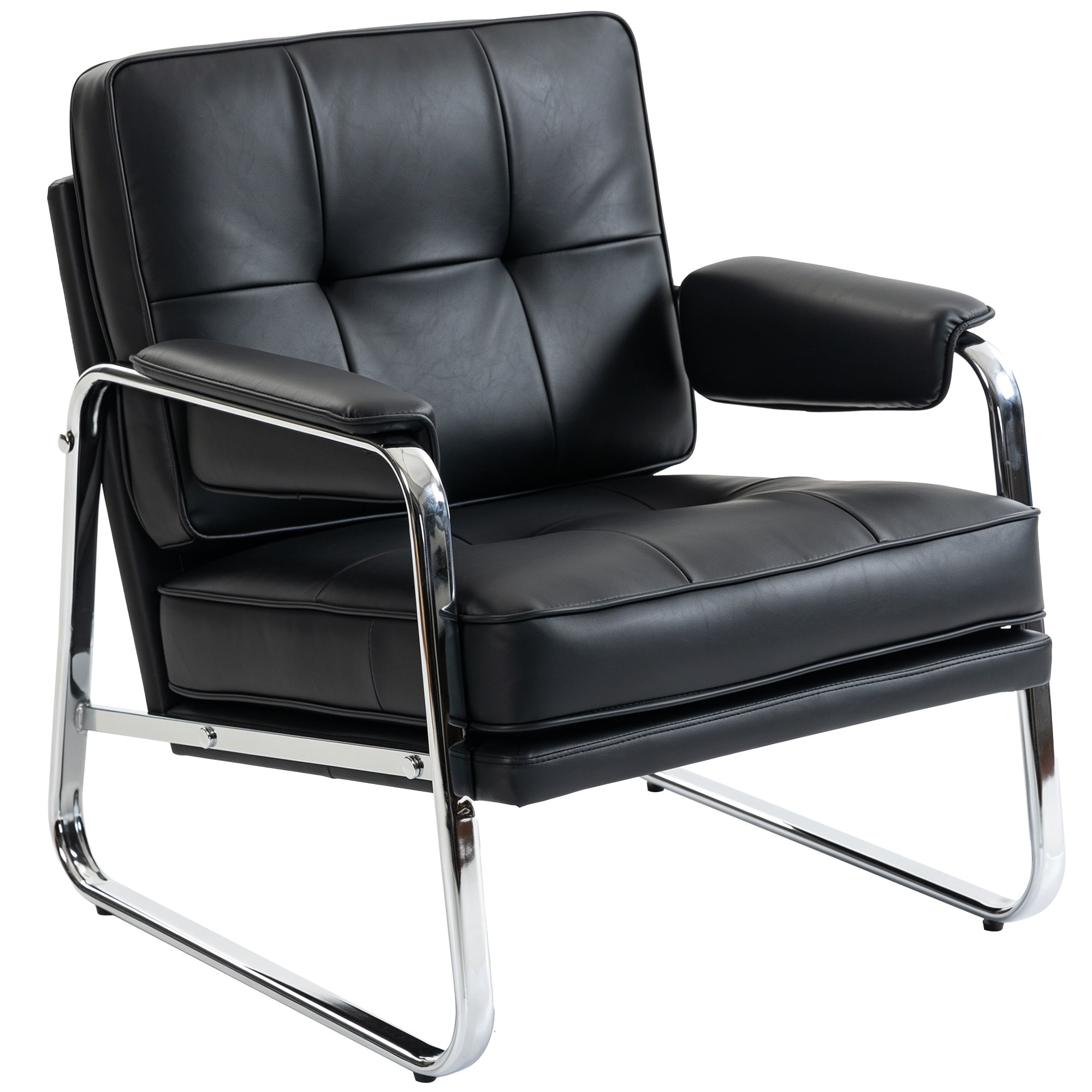 PU Leather Accent Chair — Wide Seat, Thick Foam, Metal Base, Button-Tufted — Black