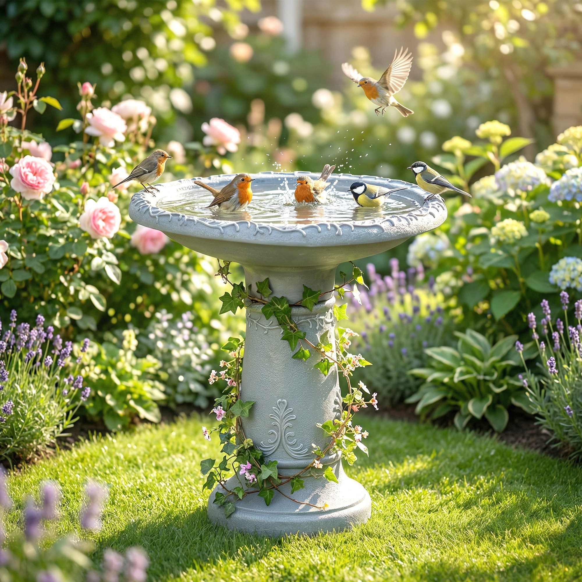 Resin Stone-Look Bird Bath, 20 in (51 cm) — Freestanding Garden Feeder & Bath, Gray