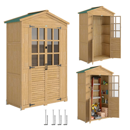Pine Garden Shed with Shelves & Acrylic Windows, Sloped Asphalt Roof, Lockable Doors — 128 x 57.5 x 197 cm (50.4 x 22.6 x 77.6 in), Light Brown