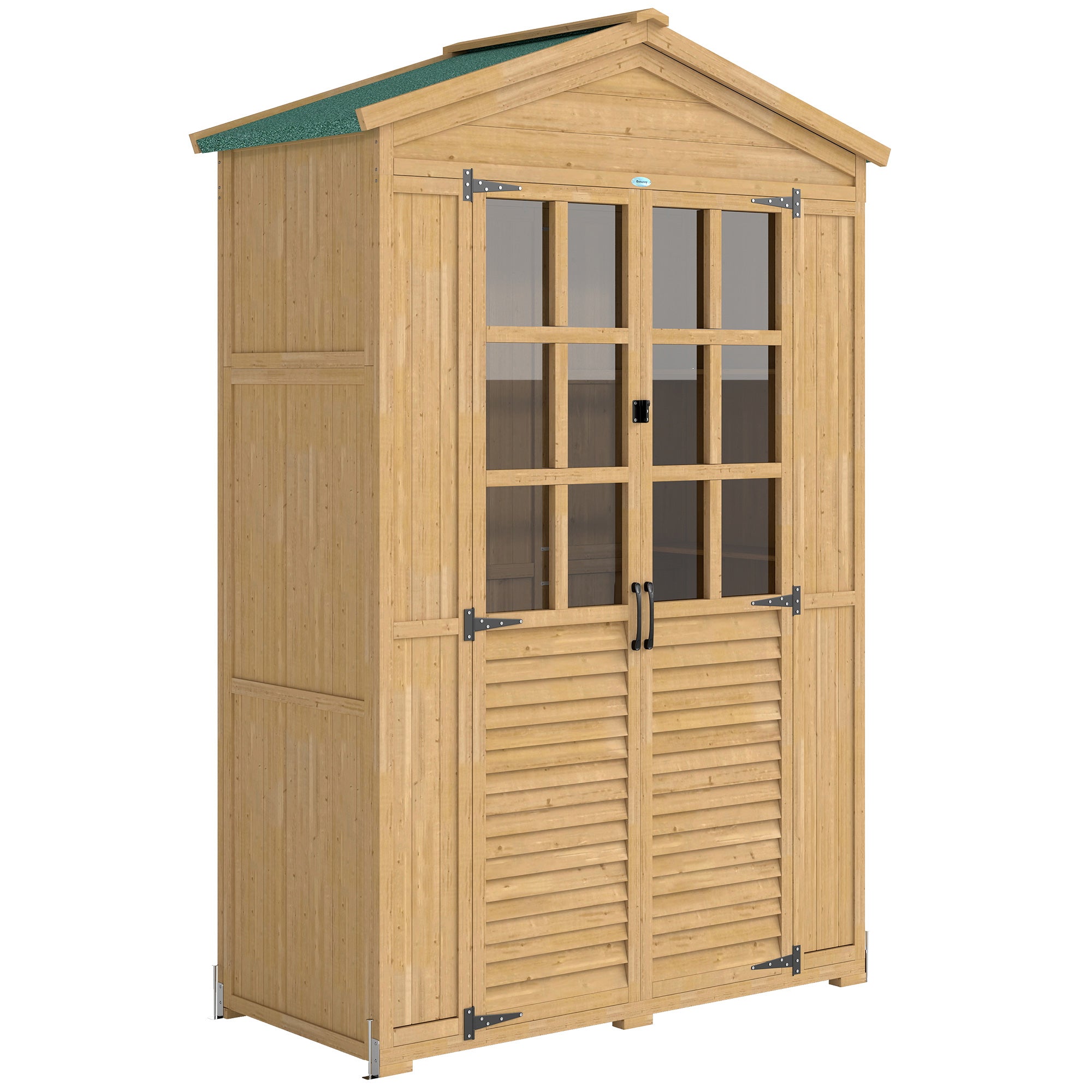 Pine Garden Shed with Shelves & Acrylic Windows, Sloped Asphalt Roof, Lockable Doors — 128 x 57.5 x 197 cm (50.4 x 22.6 x 77.6 in), Light Brown