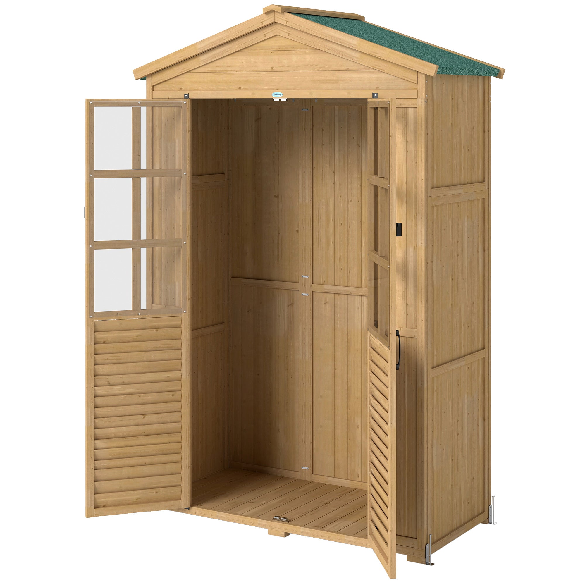 Pine Garden Shed with Shelves & Acrylic Windows, Sloped Asphalt Roof, Lockable Doors — 128 x 57.5 x 197 cm (50.4 x 22.6 x 77.6 in), Light Brown