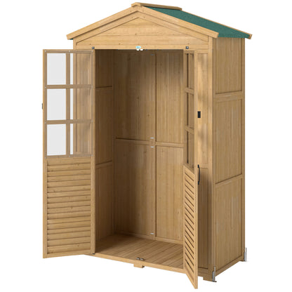 Pine Garden Shed with Shelves & Acrylic Windows, Sloped Asphalt Roof, Lockable Doors — 128 x 57.5 x 197 cm (50.4 x 22.6 x 77.6 in), Light Brown