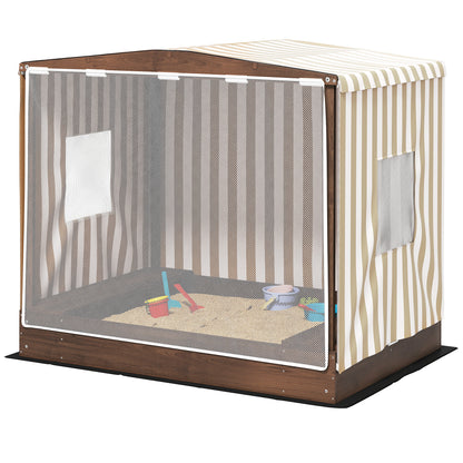 Sandbox with Canopy and Mesh Door, 142 x 101.5 cm Wooden Sandbox with Bench, Storage, Ground Protection, for 4 Children 3-6 Years Brown