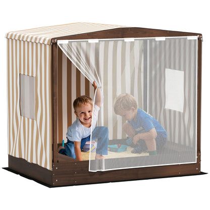 Sandbox with Canopy and Mesh Door, 142 x 101.5 cm Wooden Sandbox with Bench, Storage, Ground Protection, for 4 Children 3-6 Years Brown
