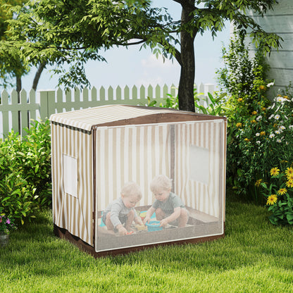 Sandbox with Canopy and Mesh Door, 142 x 101.5 cm Wooden Sandbox with Bench, Storage, Ground Protection, for 4 Children 3-6 Years Brown