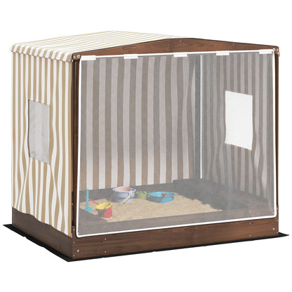 Sandbox with Canopy and Mesh Door, 142 x 101.5 cm Wooden Sandbox with Bench, Storage, Ground Protection, for 4 Children 3-6 Years Brown