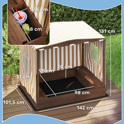 Sandbox with Canopy and Mesh Door, 142 x 101.5 cm Wooden Sandbox with Bench, Storage, Ground Protection, for 4 Children 3-6 Years Brown