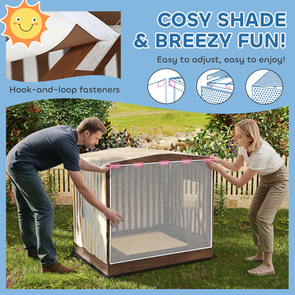 Sandbox with Canopy and Mesh Door, 142 x 101.5 cm Wooden Sandbox with Bench, Storage, Ground Protection, for 4 Children 3-6 Years Brown