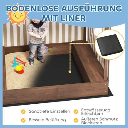 Sandbox with Canopy and Mesh Door, 142 x 101.5 cm Wooden Sandbox with Bench, Storage, Ground Protection, for 4 Children 3-6 Years Brown