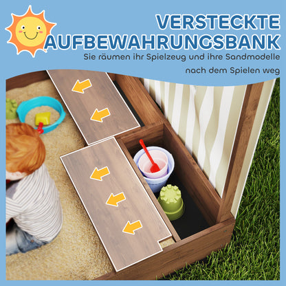 Sandbox with Canopy and Mesh Door, 142 x 101.5 cm Wooden Sandbox with Bench, Storage, Ground Protection, for 4 Children 3-6 Years Brown