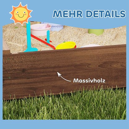 Sandbox with Canopy and Mesh Door, 142 x 101.5 cm Wooden Sandbox with Bench, Storage, Ground Protection, for 4 Children 3-6 Years Brown