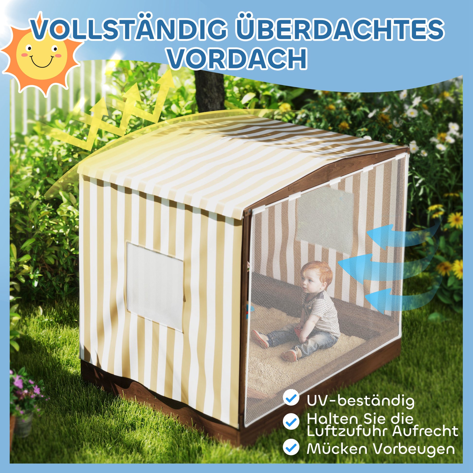 Sandbox with Canopy and Mesh Door, 142 x 101.5 cm Wooden Sandbox with Bench, Storage, Ground Protection, for 4 Children 3-6 Years Brown