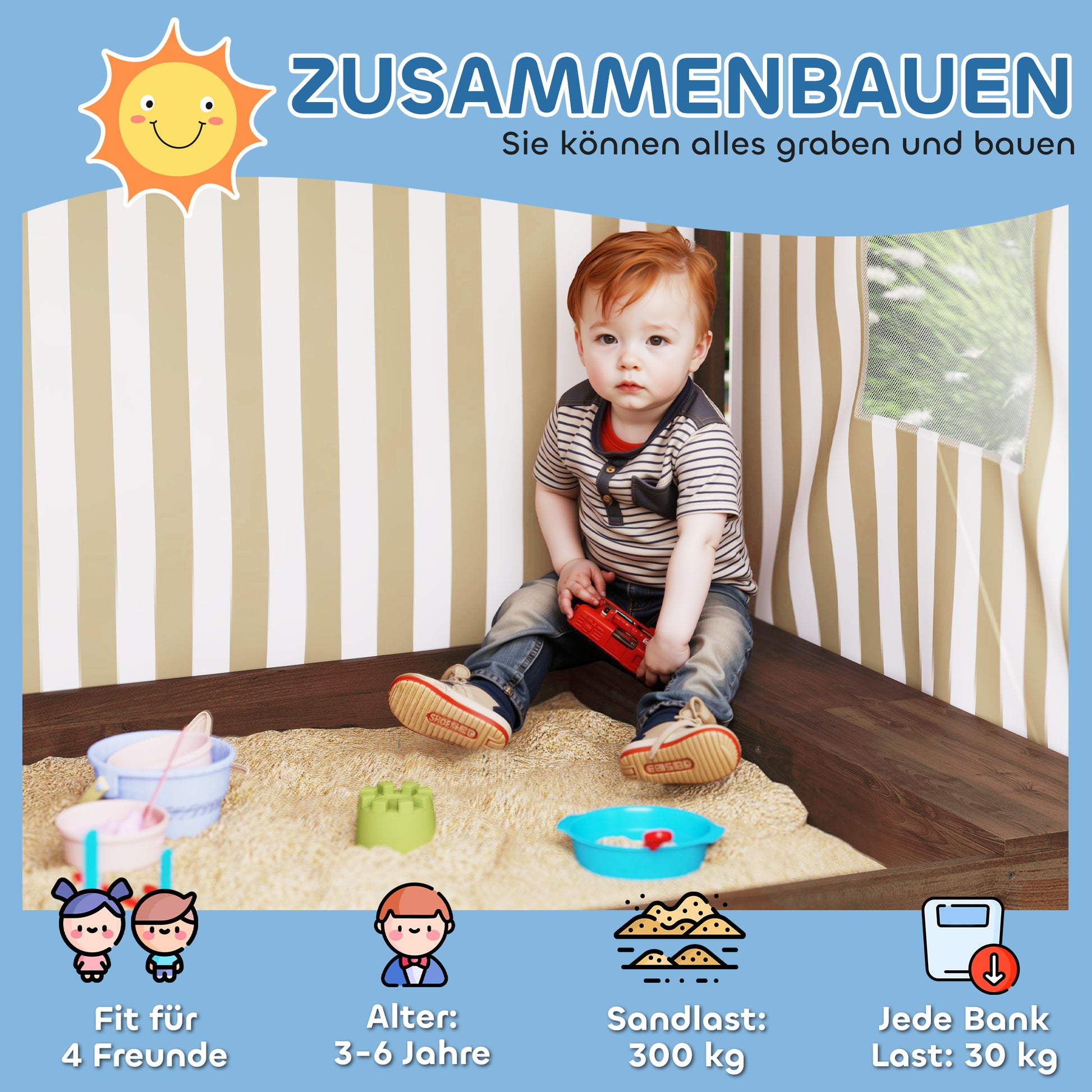 Sandbox with Canopy and Mesh Door, 142 x 101.5 cm Wooden Sandbox with Bench, Storage, Ground Protection, for 4 Children 3-6 Years Brown