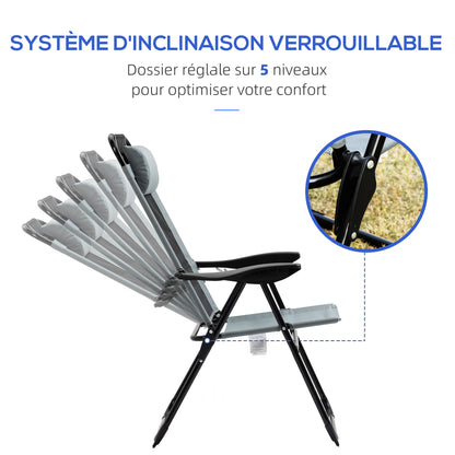 Set of 2 garden chairs basic set of 2 folding chairs camping chair balcony chair adjustable armrest backrest in 5 positions removable pillow provided gray textilene oxford fabric